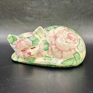 Vintage Floral Decoupage Porcelain Sleeping Cat Kitten Figurine 3” x 2”
